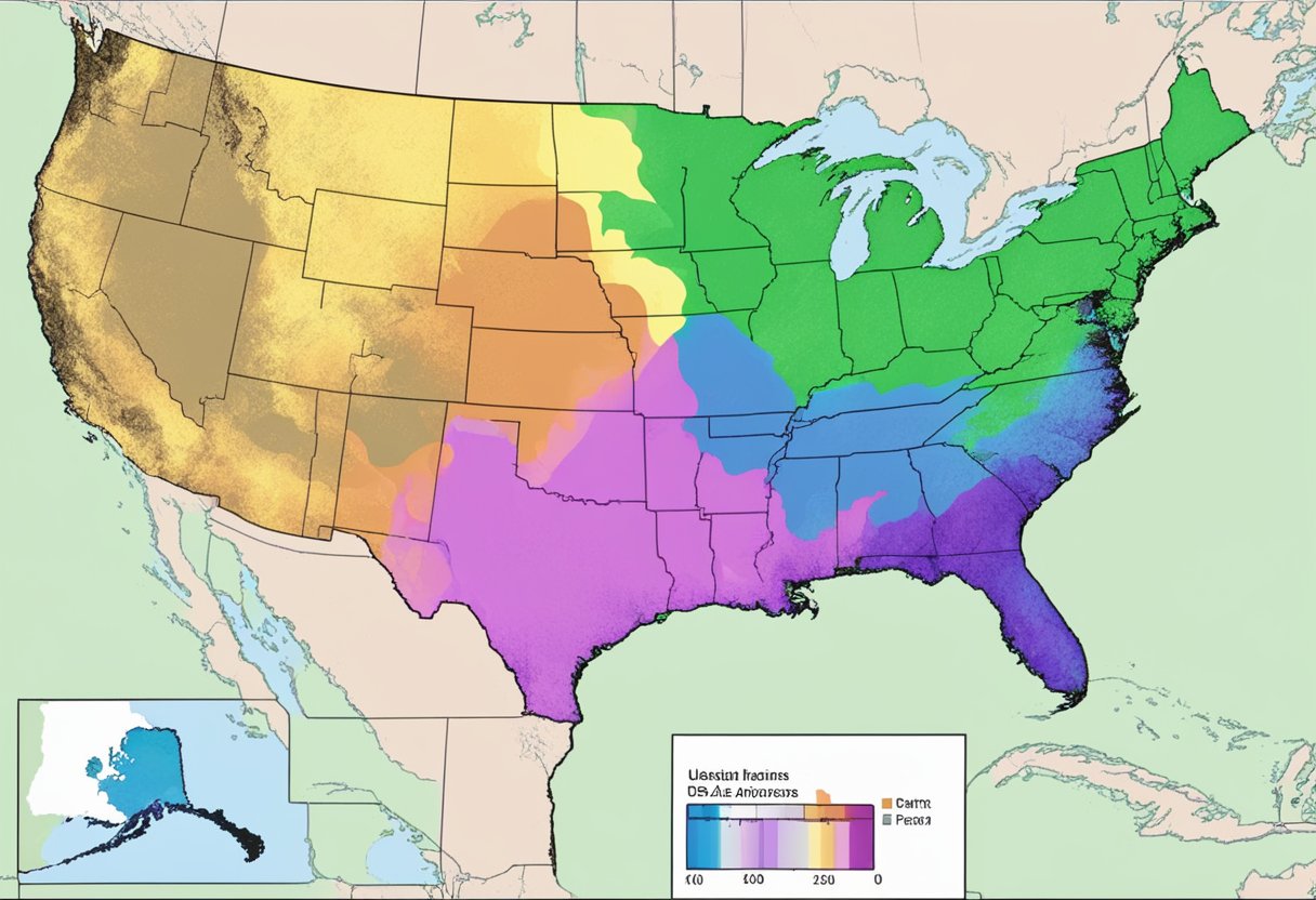 A map showing USDA plant hardiness zones with a location marker indicating the specific zone of the area