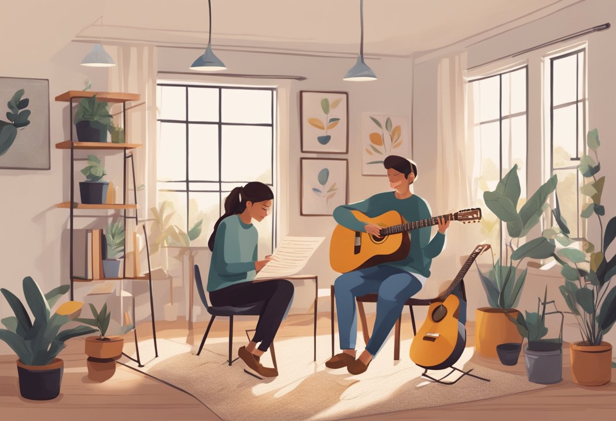 A guitar lesson being taught in a cozy studio, with music notes floating in the air and a student eagerly learning from the instructor