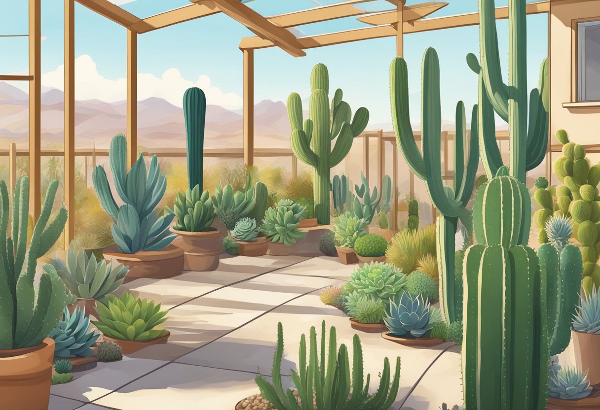 A sunny Las Vegas backyard with cacti, succulents, and desert plants. A gardening zone map hangs on the wall