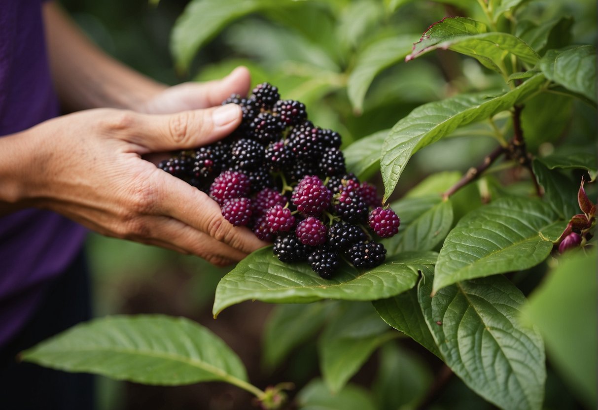 Lush green foliage surrounds a vibrant cluster of American beautyberries. A gardener carefully digs around the base, preparing to transplant the shrub to a new location