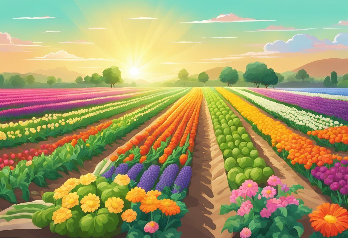 A bright, open field with rows of vibrant flowers and vegetables basking in the sunlight