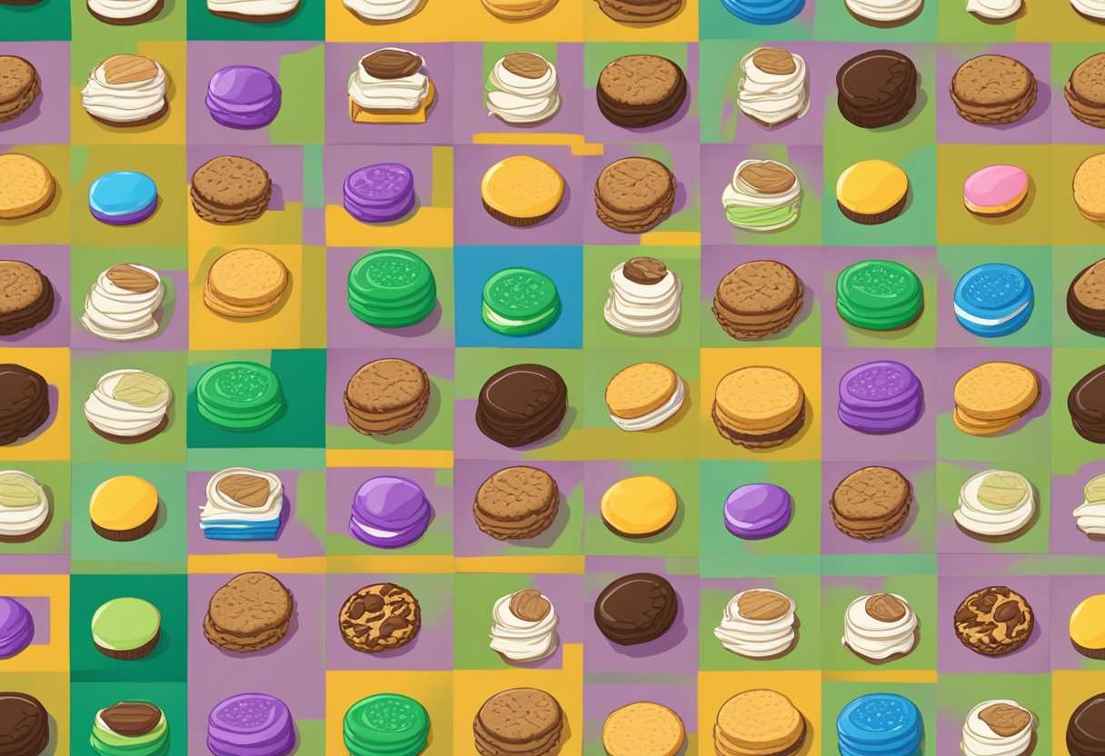 A table with various types of Girl Scout cookies arranged in a grid, each cookie labeled with a different personality trait