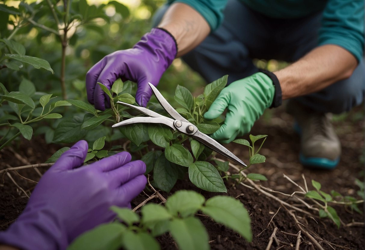 A pair of gardening gloves holds pruning shears near a lush beautyberry bush. A gardener kneels beside, carefully trimming away dead branches