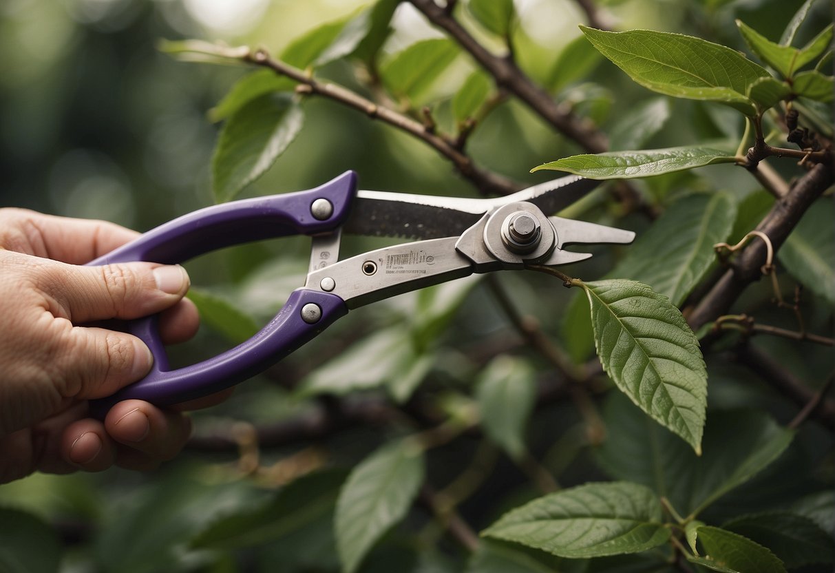 A pair of pruning shears cuts through a lush beautyberry bush, shaping it into a neat and tidy form. Fallen branches litter the ground as the gardener carefully trims away excess growth
