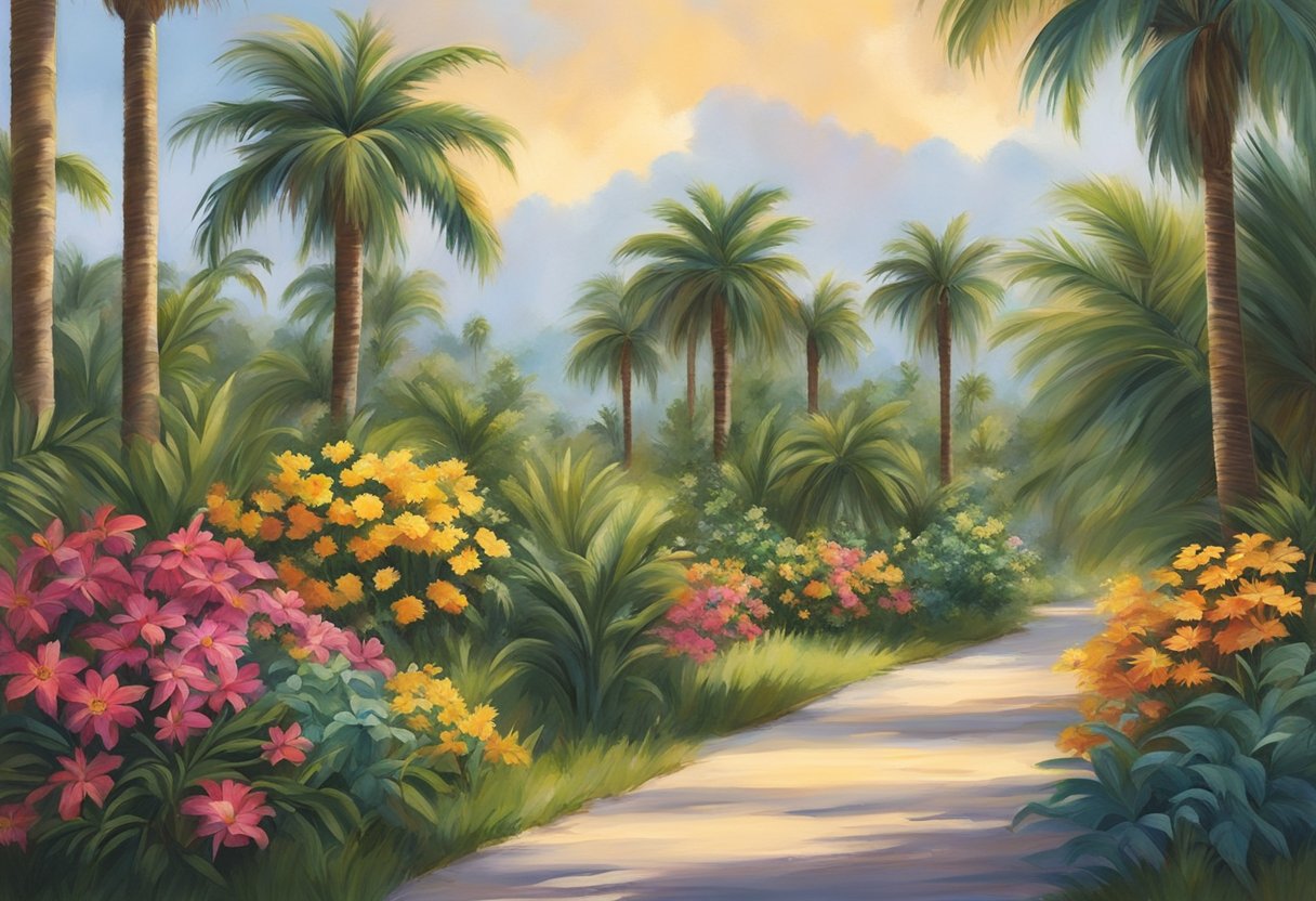 Lush green foliage and vibrant flowers thrive in the warm climate of Southwest Florida's growing zone. Palm trees sway in the gentle breeze as the sun shines down on the lush landscape