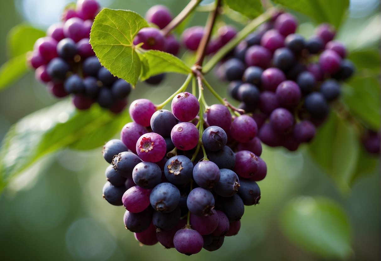 A cluster of vibrant purple beautyberries hangs from a leafy branch, with distinctive elliptical leaves and small pink flowers nearby