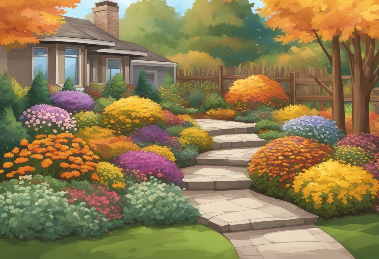 A garden with colorful autumn foliage, including plants like mums, asters, and ornamental grasses. Fallen leaves cover the ground, and a gardener prepares the soil for planting