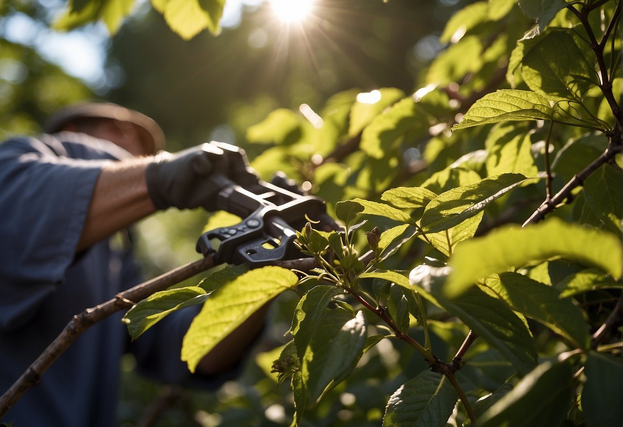 Sunlight filters through the branches as a gardener carefully trims back the overgrown beautyberry bush, creating a neat and tidy appearance. The discarded branches lay in a pile nearby, ready for removal