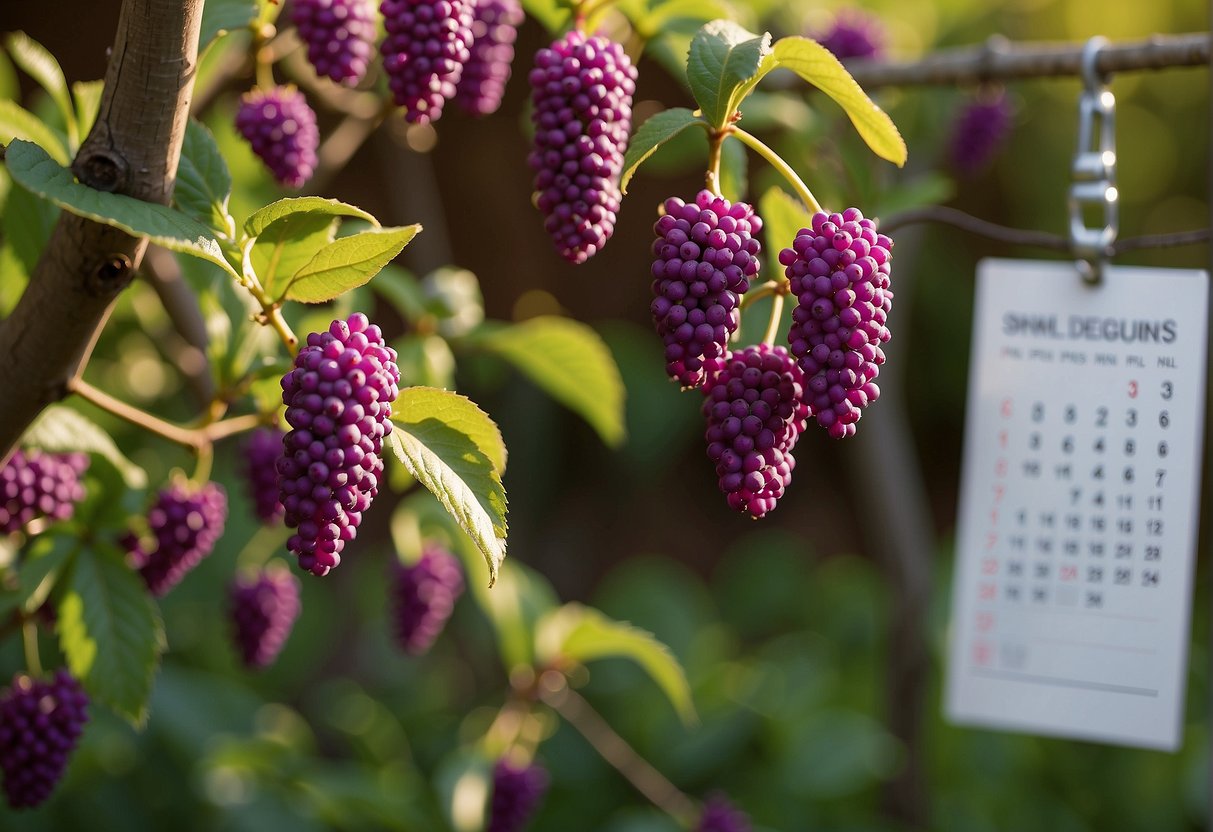 A sunny garden with a blooming beautyberry bush, surrounded by pruning shears and a calendar marking the optimal time for pruning