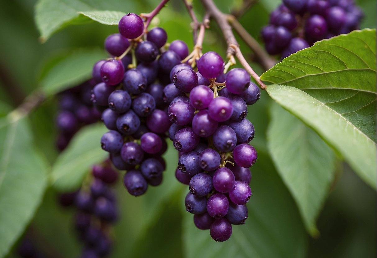 A cluster of vibrant purple beautyberries hangs from the branches of a native North American beautyberry bush
