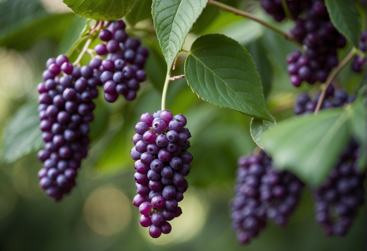A cluster of purple beautyberries hangs from a leafy branch, surrounded by native North American flora