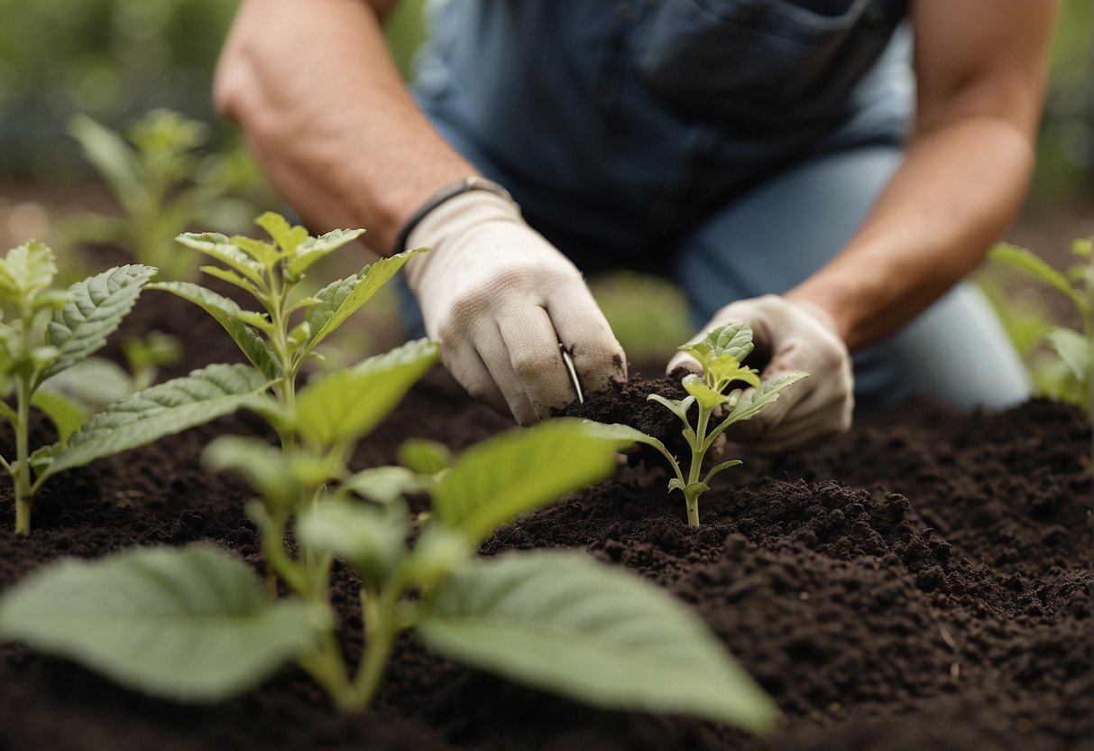 A gardener carefully digs up a young beautyberry plant from its current location and gently transfers it to a new spot with rich, well-draining soil