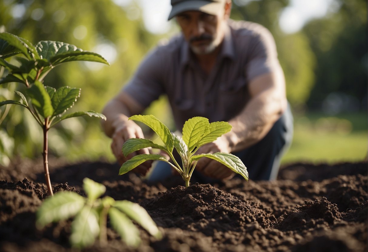 A gardener carefully digs up a mature beautyberry plant, transferring it to a new location with rich, well-draining soil and plenty of sunlight