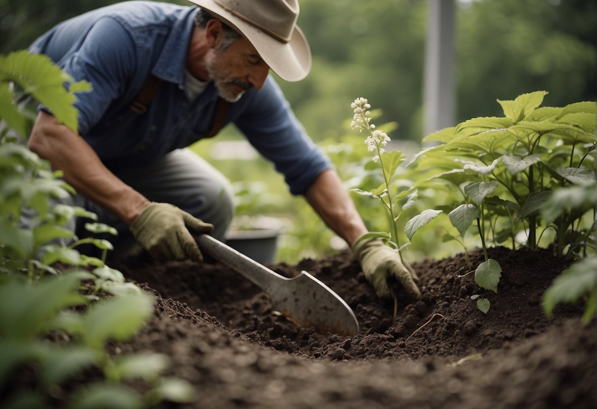 Gardener digs hole, carefully places beautyberry plant, and waters it