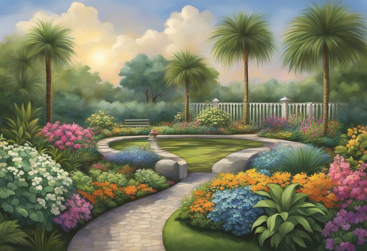 Central Florida's gardening zone is depicted by lush greenery, blooming flowers, and thriving vegetation, with a warm and humid climate