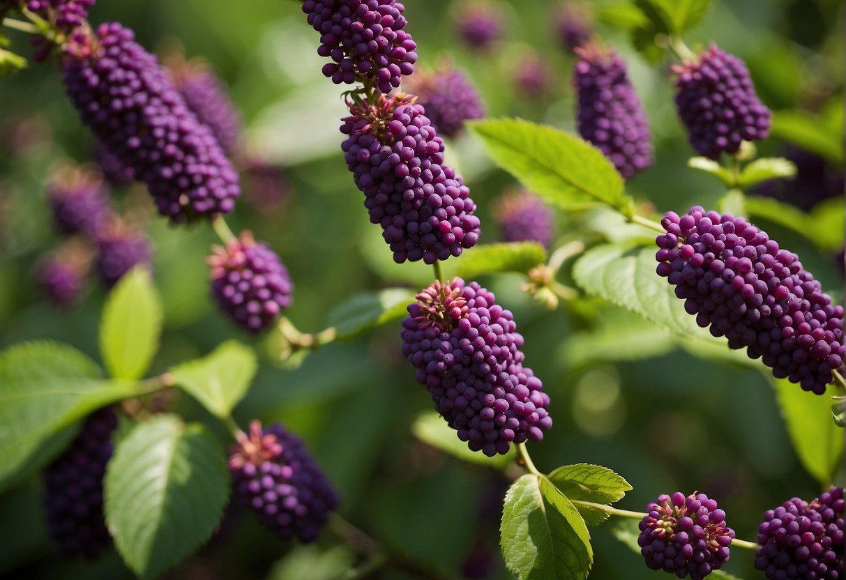 A lush garden with vibrant American beautyberry bushes, available for purchase at a local nursery or garden center