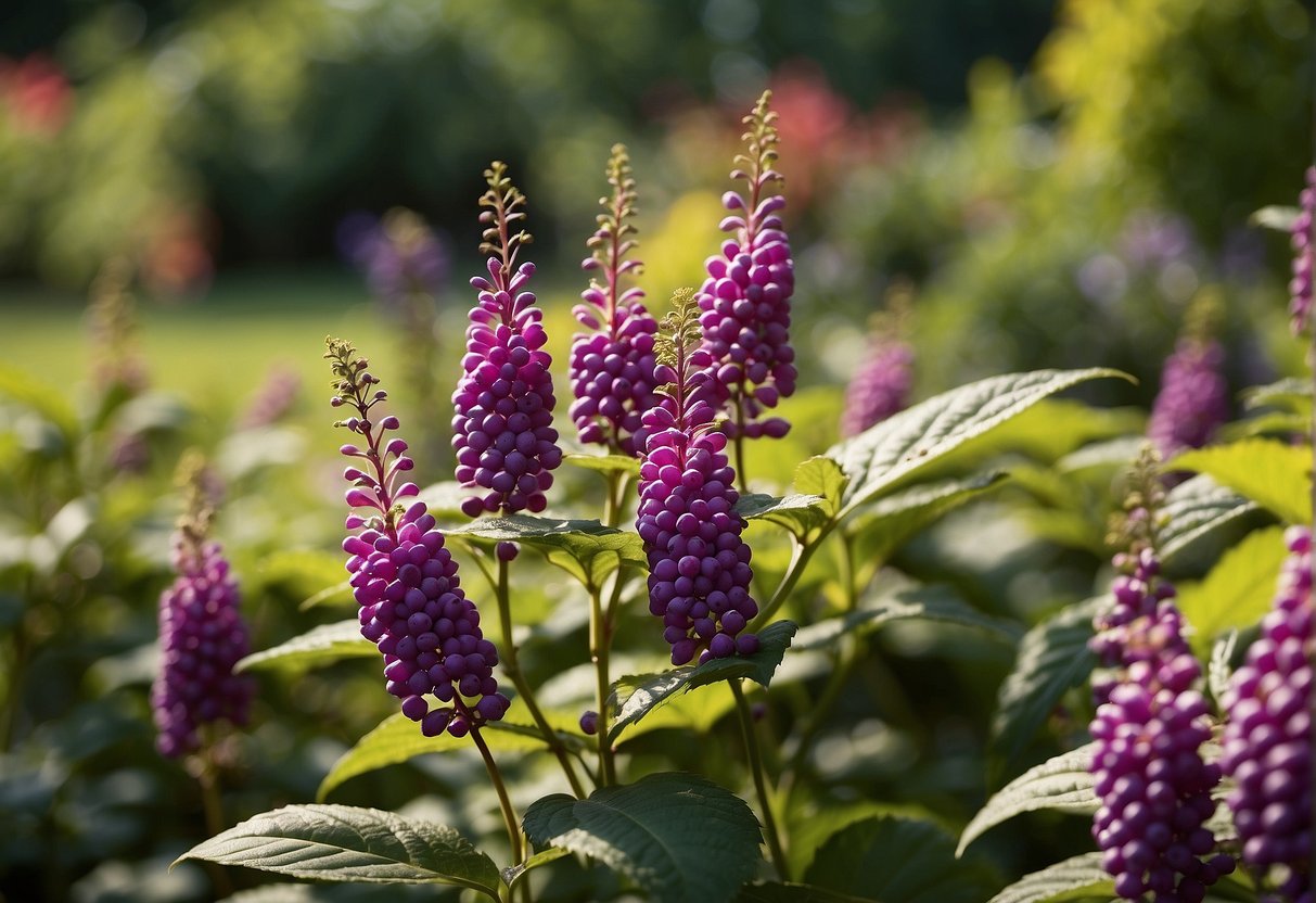 A lush garden with vibrant, purple American beautyberry bushes, surrounded by a variety of other plants. A sign reading "Where to Buy American Beautyberry" stands prominently in the foreground