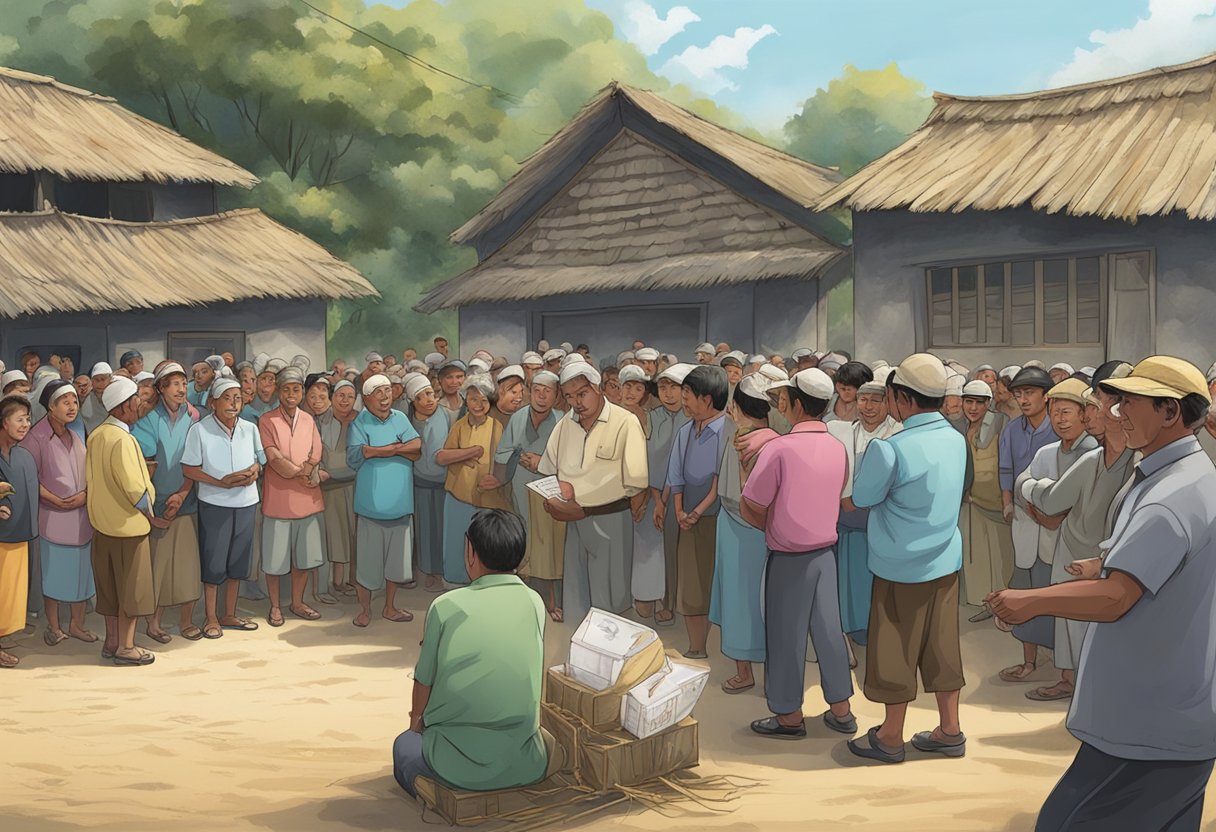 Villagers gather eagerly for the annual lottery, tension rising as the black box is brought out and names are drawn