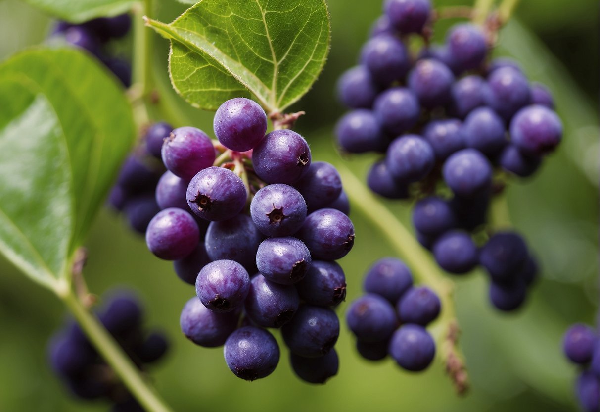 Beautyberry grows up to 6 feet tall, with long, arching branches and clusters of vibrant purple berries