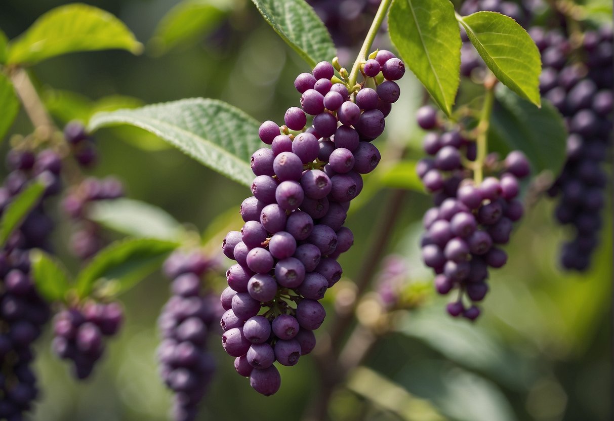 A cluster of Beautyberry plants stands tall, reaching up to 4-6 feet in height, with vibrant purple berries clustered along the branches