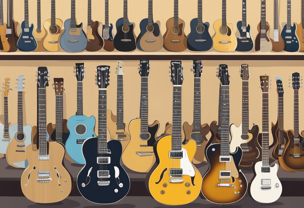 A beginner's guide to choosing the best guitar: various types and sizes of guitars displayed on a music store shelf, with a helpful store assistant nearby
