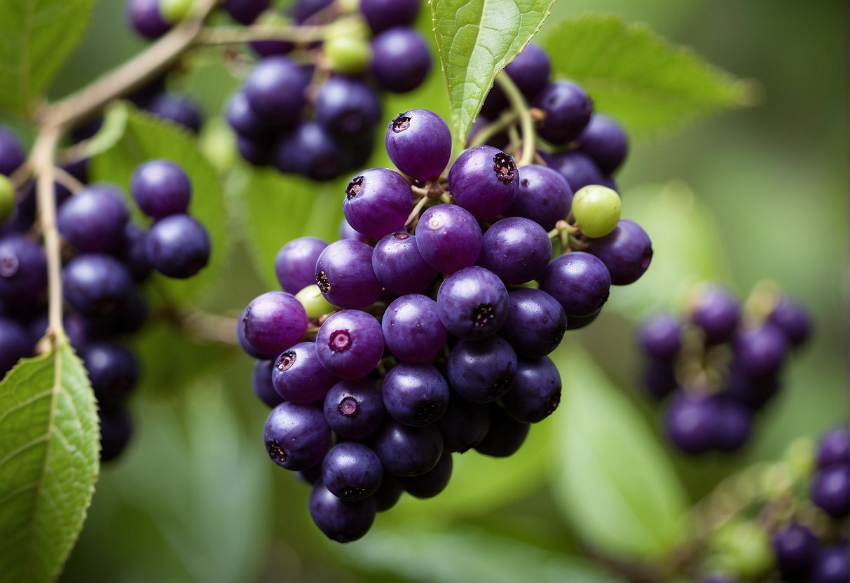 Beautyberry grows up to 6 feet tall with long, arching branches and clusters of vibrant purple berries