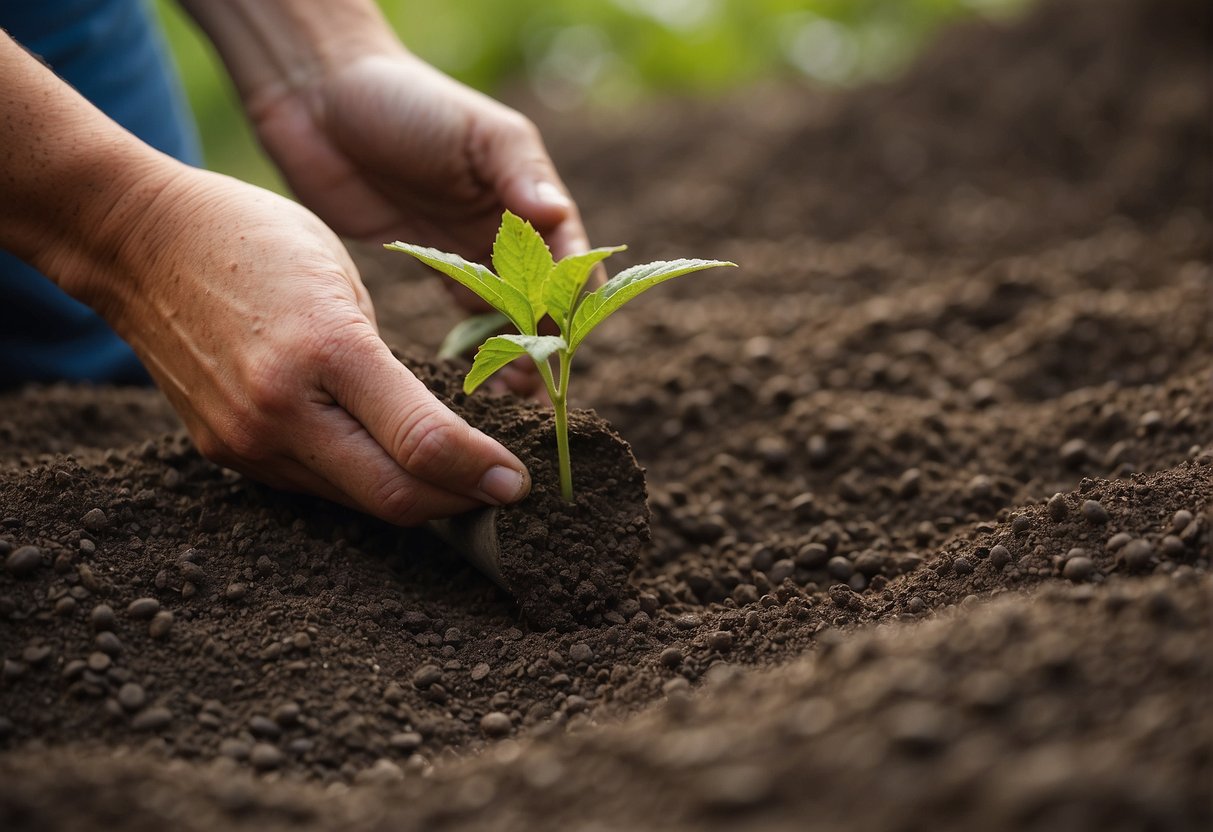A hand holds a small shovel, digging a hole in rich soil. American beautyberry seeds are carefully placed into the hole and covered with soil. Water is gently poured over the newly planted seeds