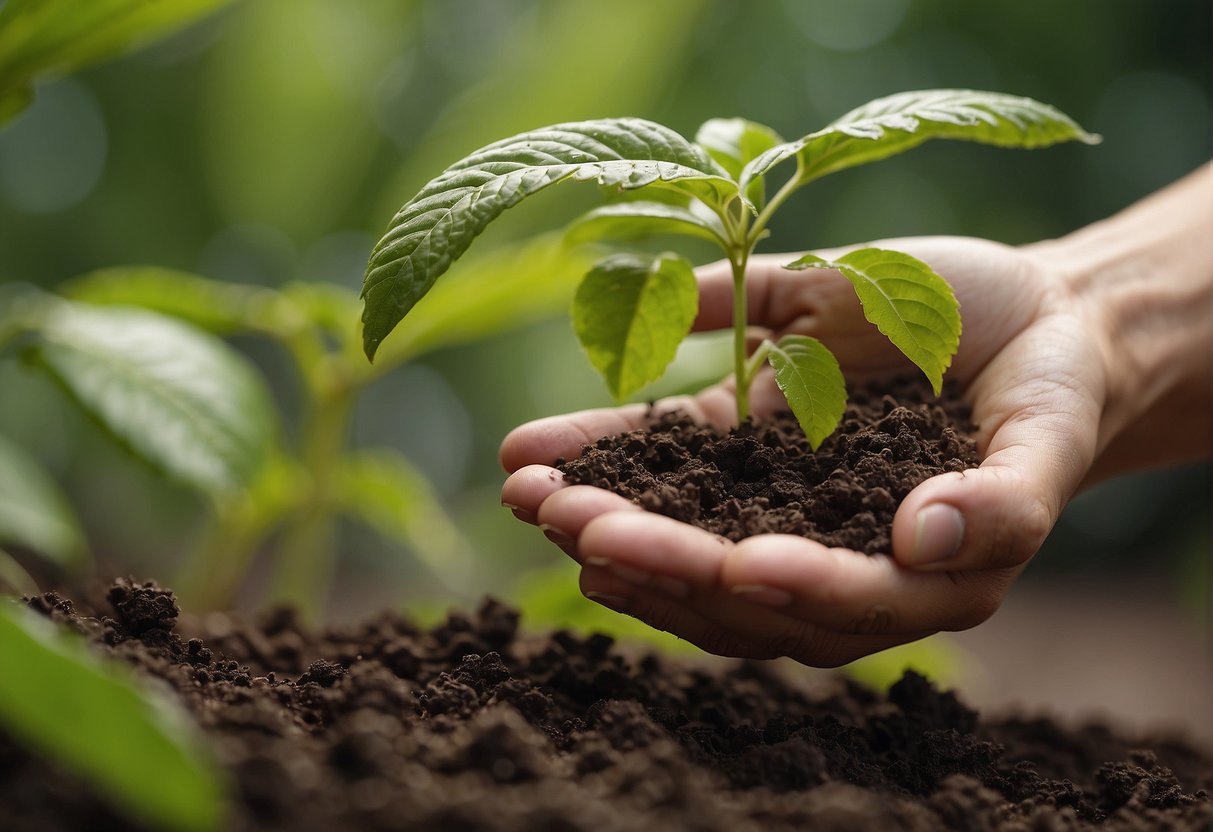 A hand reaches into the soil, dropping American beautyberry seeds. The soil is gently patted down, and water is poured over the newly planted seeds