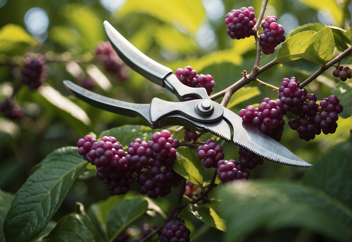 A pair of pruning shears cutting back overgrown beautyberry bushes in a sunny garden
