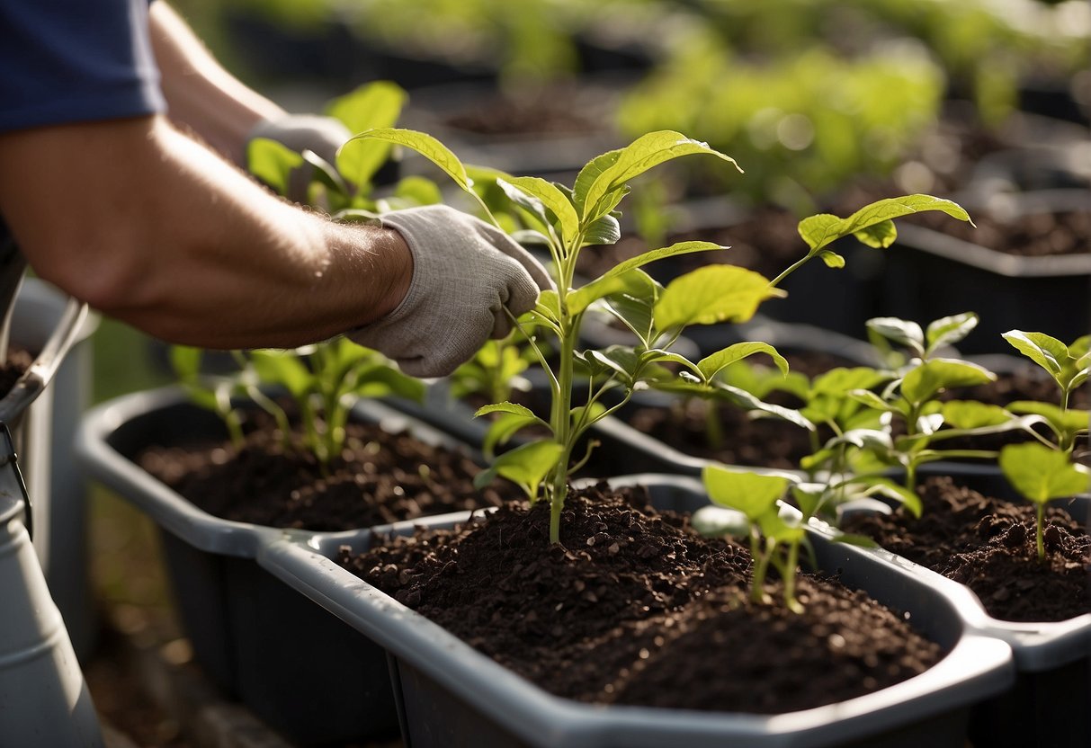 A gardener gathers beautyberry cuttings, trims them, and dips them in rooting hormone before planting them in pots filled with moist soil