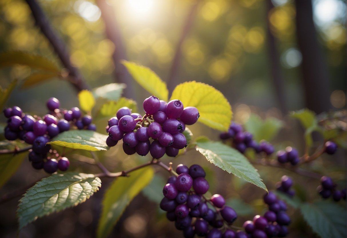 A beautyberry bush stands in dappled sunlight, its branches laden with vibrant purple berries. Fallen leaves carpet the ground around the bush, creating a picturesque autumn scene