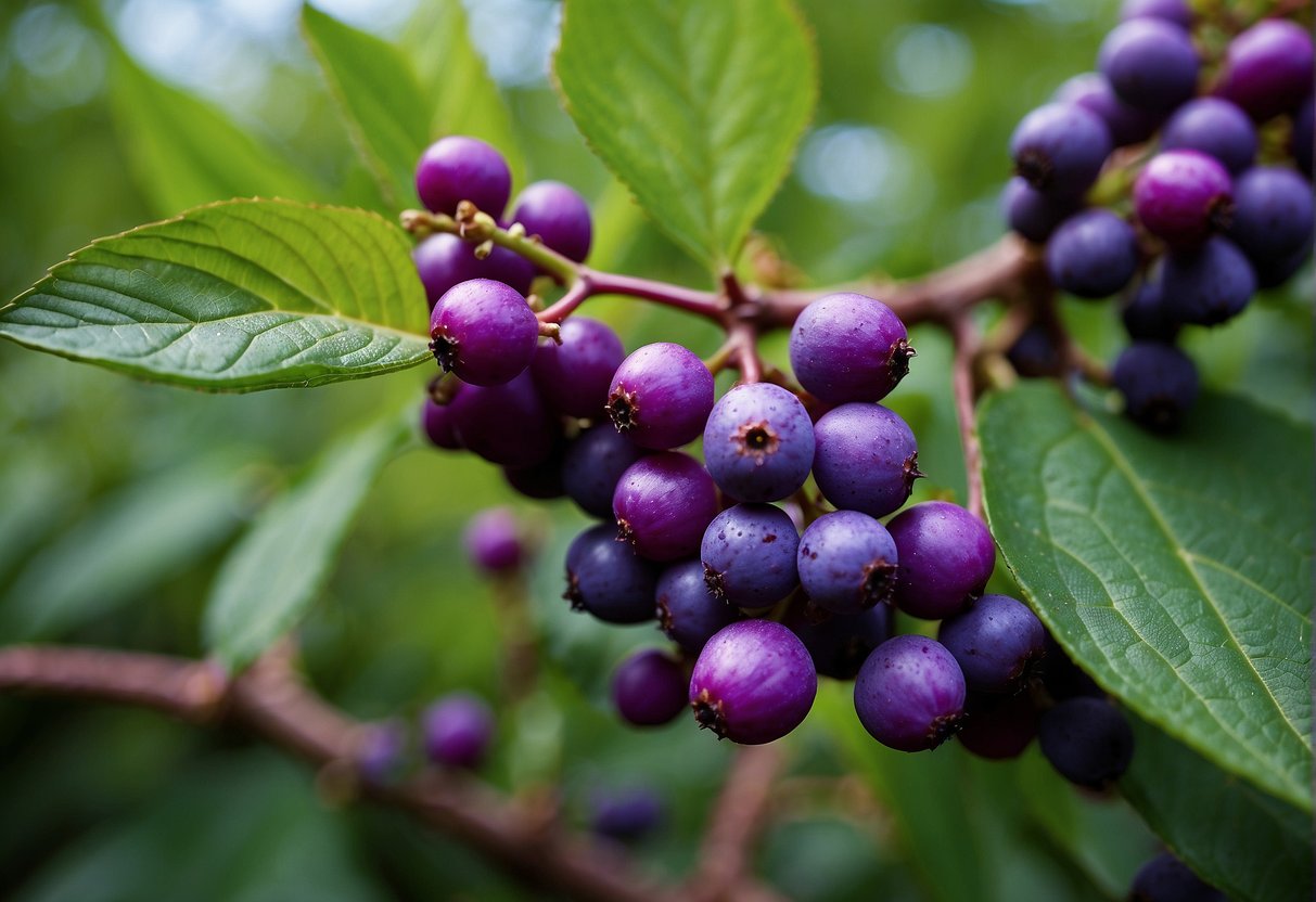 A close-up of a beautyberry bush, with vibrant purple berries and green leaves, reaching a height of 4-6 feet