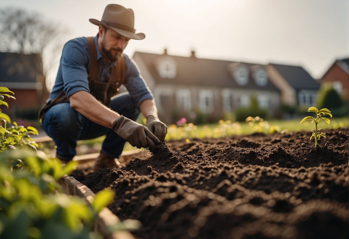 A gardener prepares soil, sows beautyberry seeds, and waters the planting area in the spring sunshine