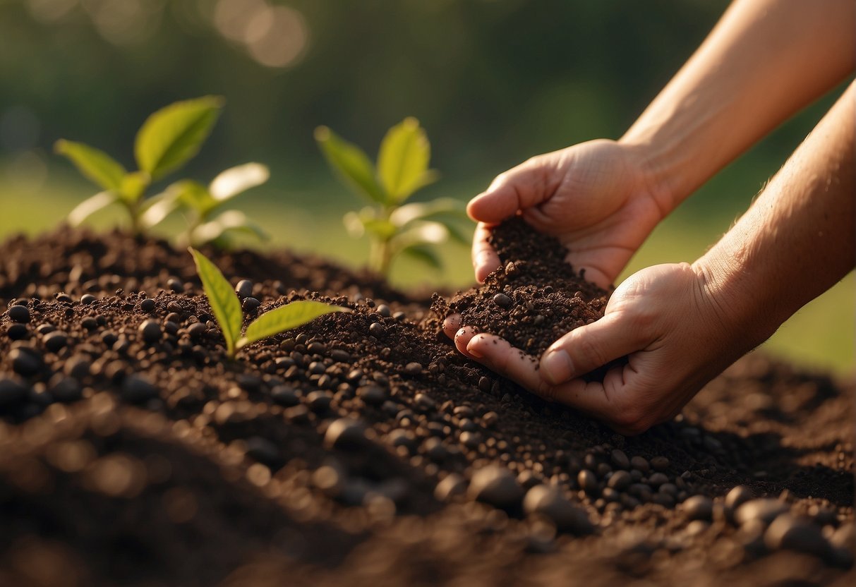 A hand drops beautyberry seeds into rich soil, covering them gently with a layer of dirt. The sun shines down on the newly planted seeds, promising growth and beauty to come