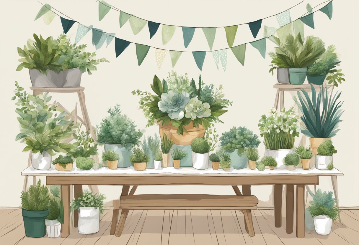 A table adorned with biodegradable centerpieces, reusable fabric banners, and potted plants. A sign reads "Zero Waste Wedding Decorations" amidst eco-friendly materials