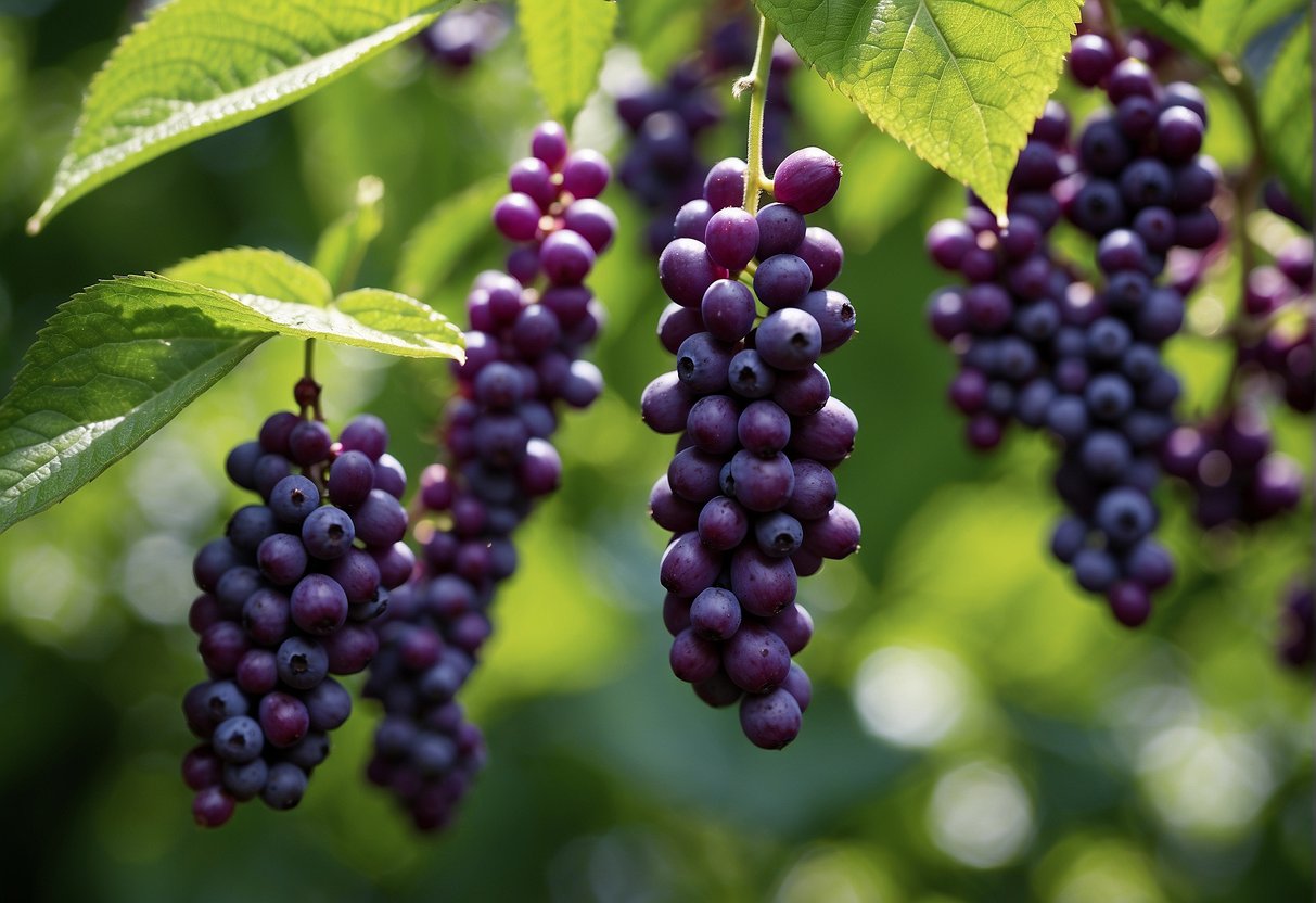 Tall beautyberry bushes stand against a blue sky, their vibrant purple berries hanging in clusters among the green leaves