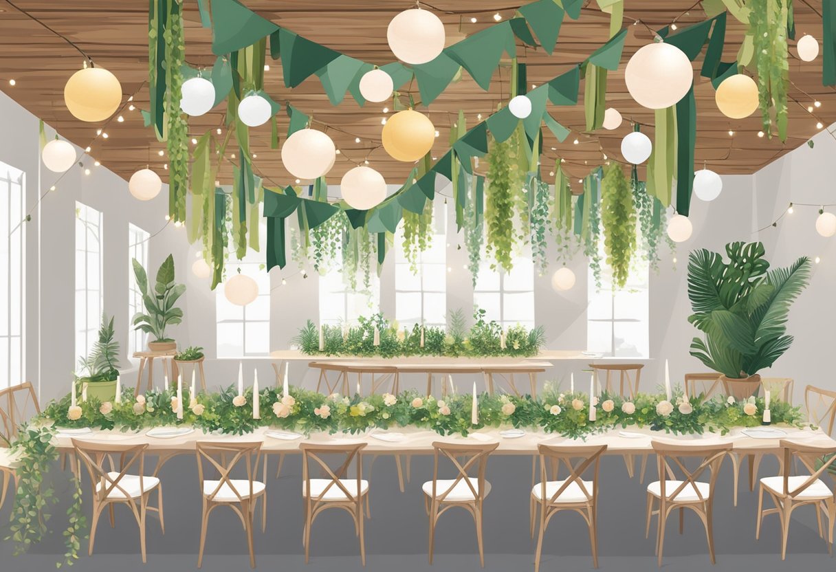 A table adorned with potted plants, recycled paper banners, and biodegradable confetti. Reusable fabric ribbons hang from the ceiling, and LED string lights illuminate the eco-friendly wedding decor