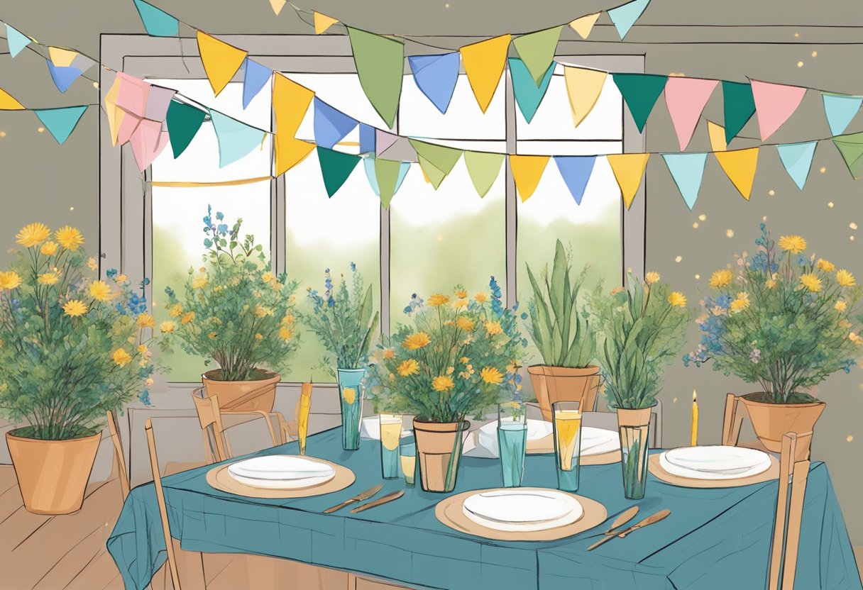 A table adorned with reusable fabric bunting, potted plants, and biodegradable confetti. Recycled glass vases hold wildflowers, while LED candles illuminate the eco-friendly decor