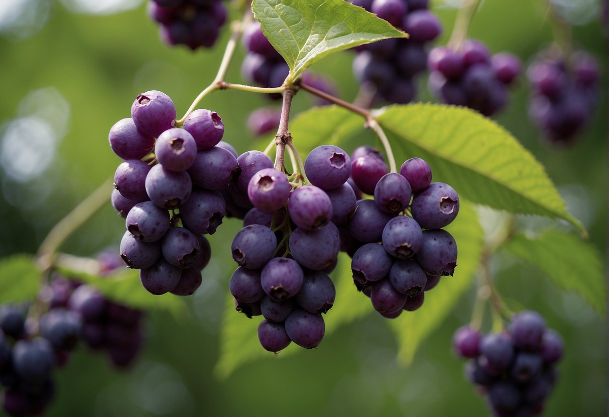 A cluster of vibrant purple beautyberries emit a sweet, floral fragrance, evoking a sense of tranquility and natural beauty