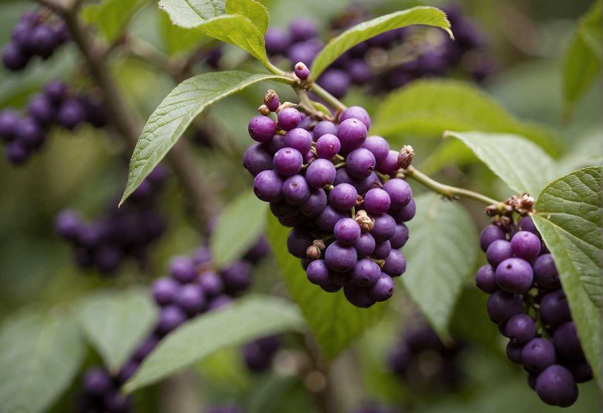 American beautyberry grows in a sunny location with well-drained soil. It requires regular watering and can reach a height of 3-5 feet. The plant produces clusters of small, purple berries in the fall
