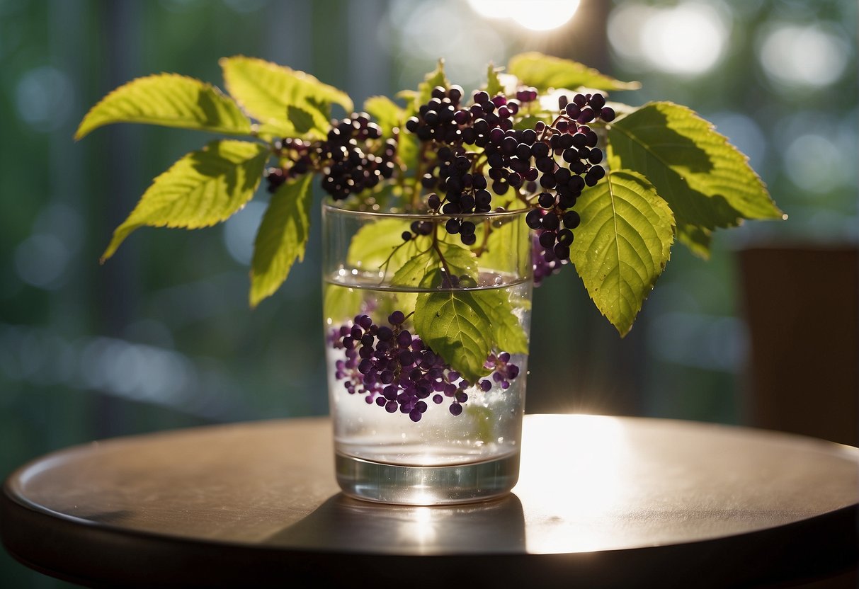 A small beautyberry bush cutting is placed in a glass of water, with nodes submerged, under a bright light. Roots start to form after a few weeks