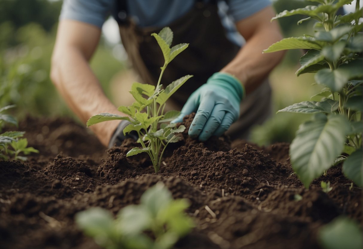 A gardener digs a hole, holds a beautyberry bush, and carefully plants it in the soil
