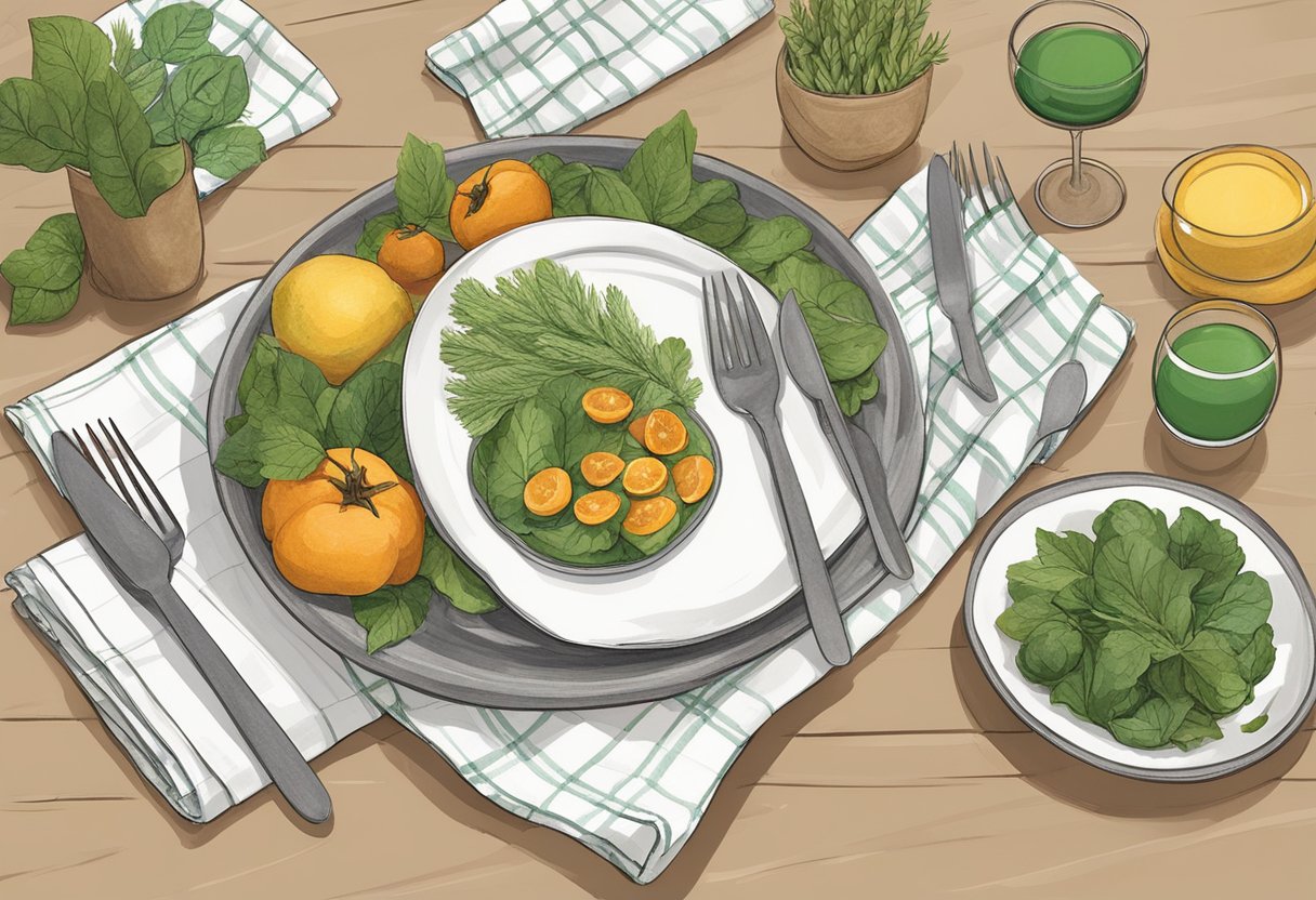 A table set with reusable plates, utensils, and cloth napkins. A variety of locally sourced, organic foods displayed with eco-friendly decorations