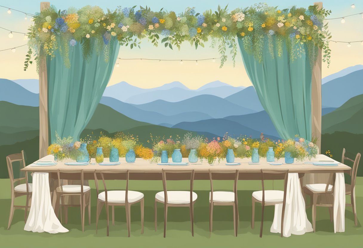 A table adorned with recycled glass vases filled with locally sourced wildflowers. Eco-friendly fabric drapes the backdrop, adorned with handmade paper garlands