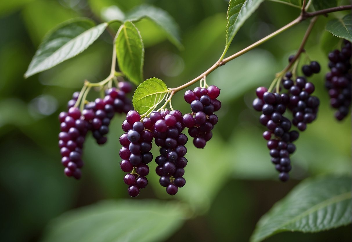 A cluster of vibrant purple beautyberries hangs from a slender, arching stem, surrounded by glossy green leaves