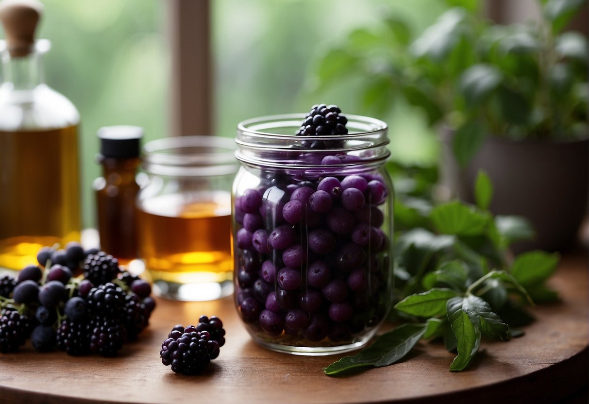 Bright purple beautyberries in a glass jar, surrounded by alcohol and herbs, with a mortar and pestle nearby for preparation