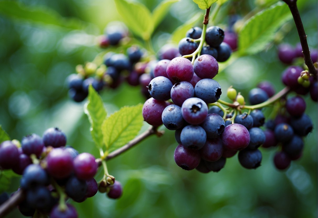 Animals feed on beautyberries, perched on branches or foraging on the ground, surrounded by lush foliage and vibrant purple berries
