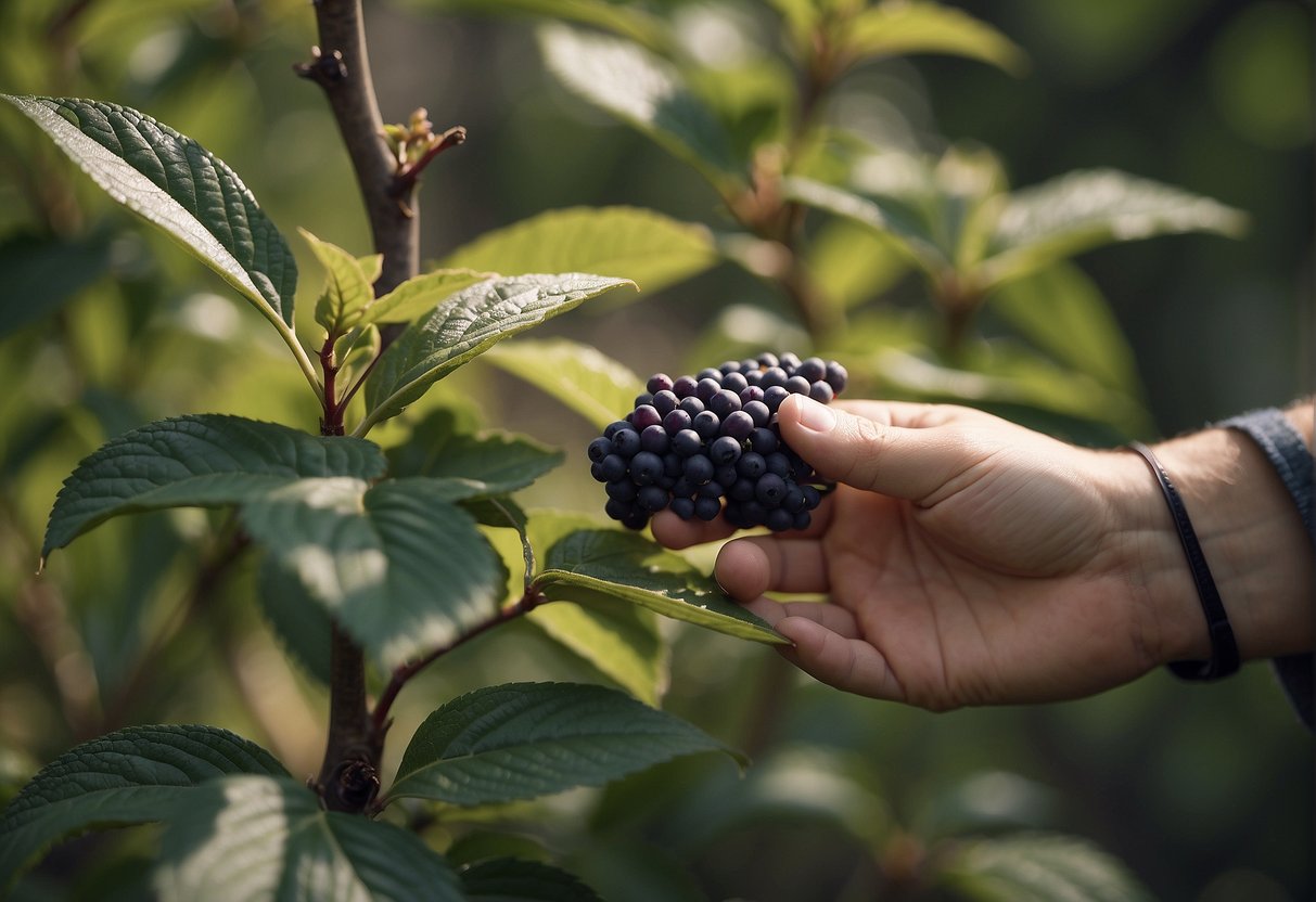 A hand reaches to prune a beautyberry bush, carefully cutting a stem to propagate new growth