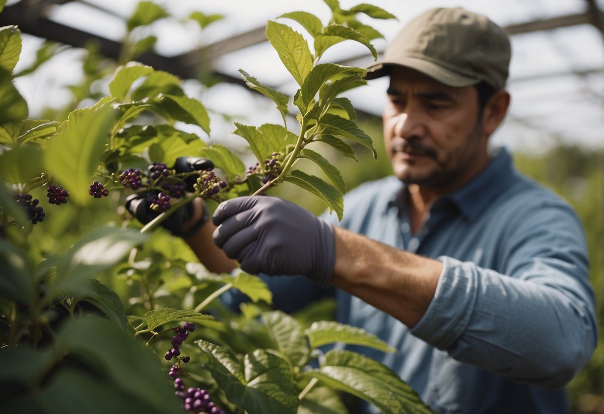 A gardener gently bends a beautyberry branch, taking cuttings to propagate the bush