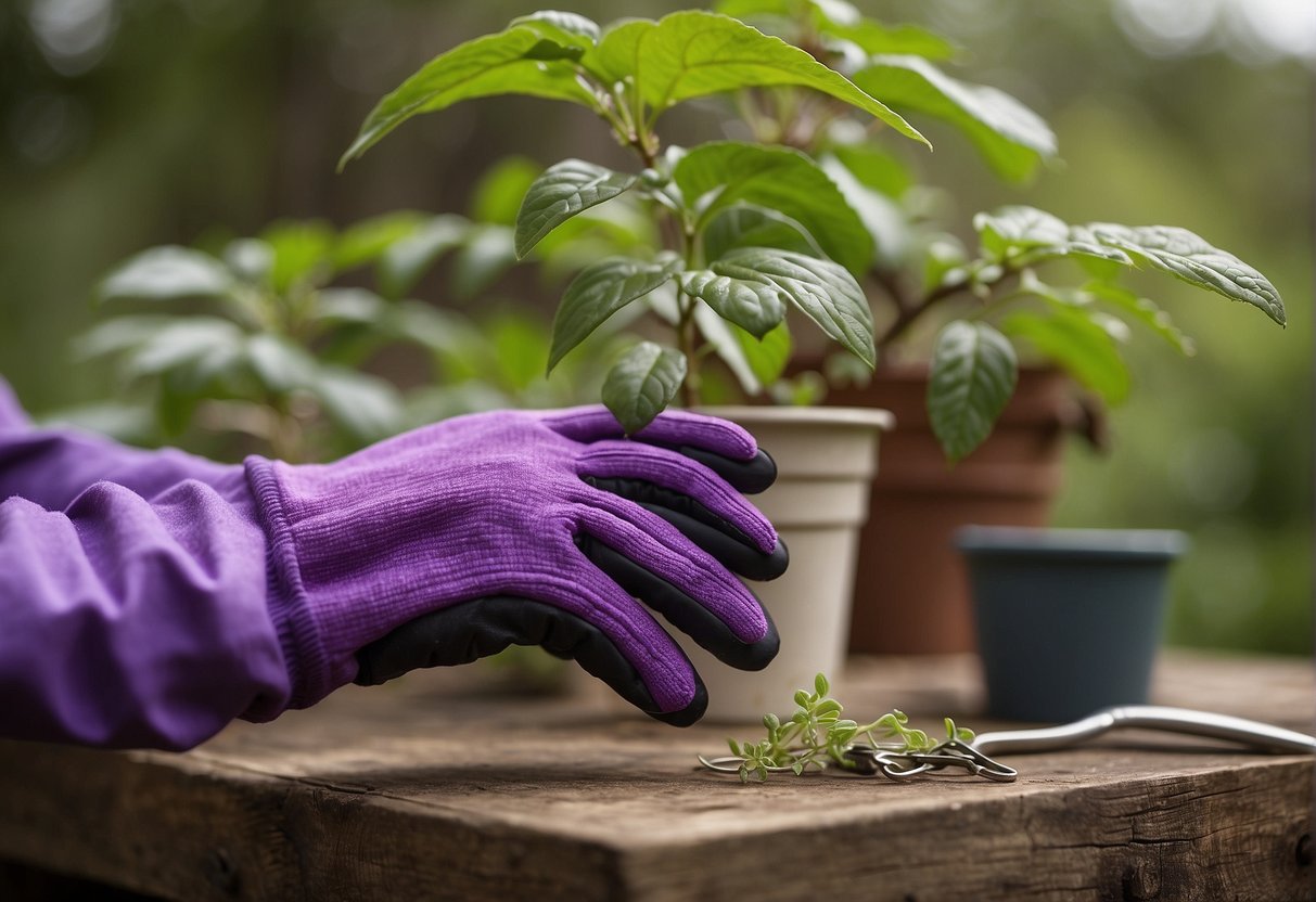 A pair of gardening gloves reaches for a beautyberry branch, snipping it with pruning shears. Nearby, a potting bench holds soil, pots, and rooting hormone